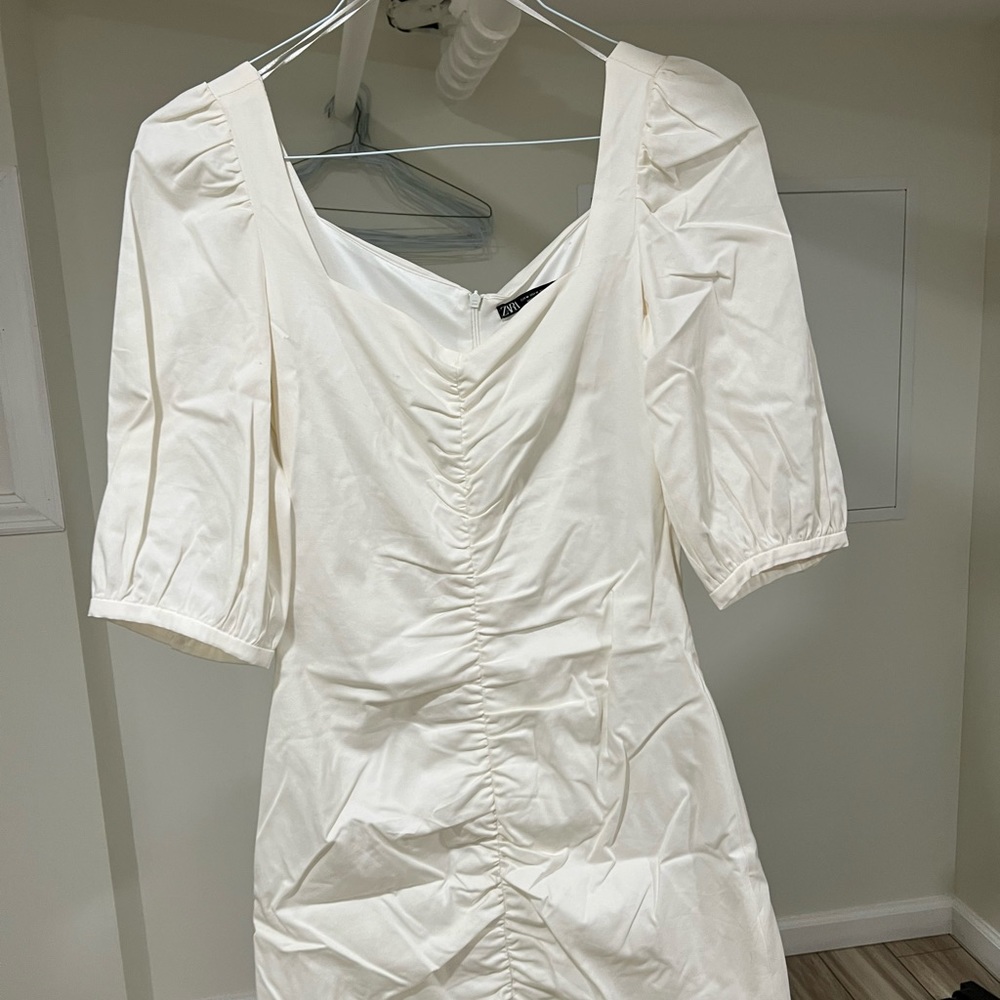 ZARA White Puff Sleeve Ruched Mini Dress